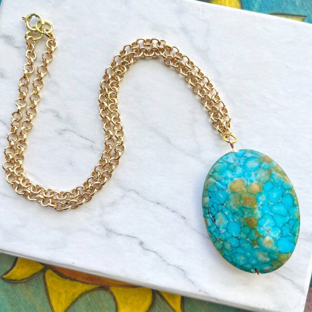 Turquoise Marble Stone Pendant on Gold Chain Necklace
